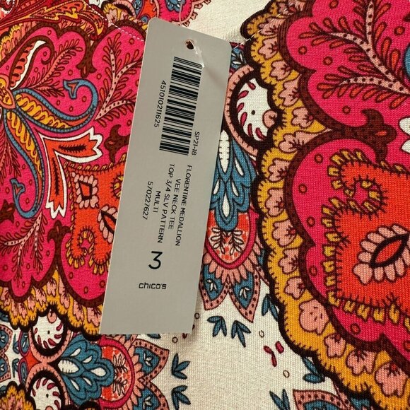 CHICO'S Paisley Tee XL (Chicos 3) Red Orange Rayon Blend Jersey Tunic Top NWT - Picture 5 of 8